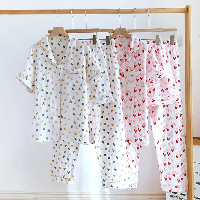 Small Love Heart Printed Cotton Pajamas for Women Three Piece Set Spring and Summer Short Sleeved Shorts Homewear Long Pants Set
