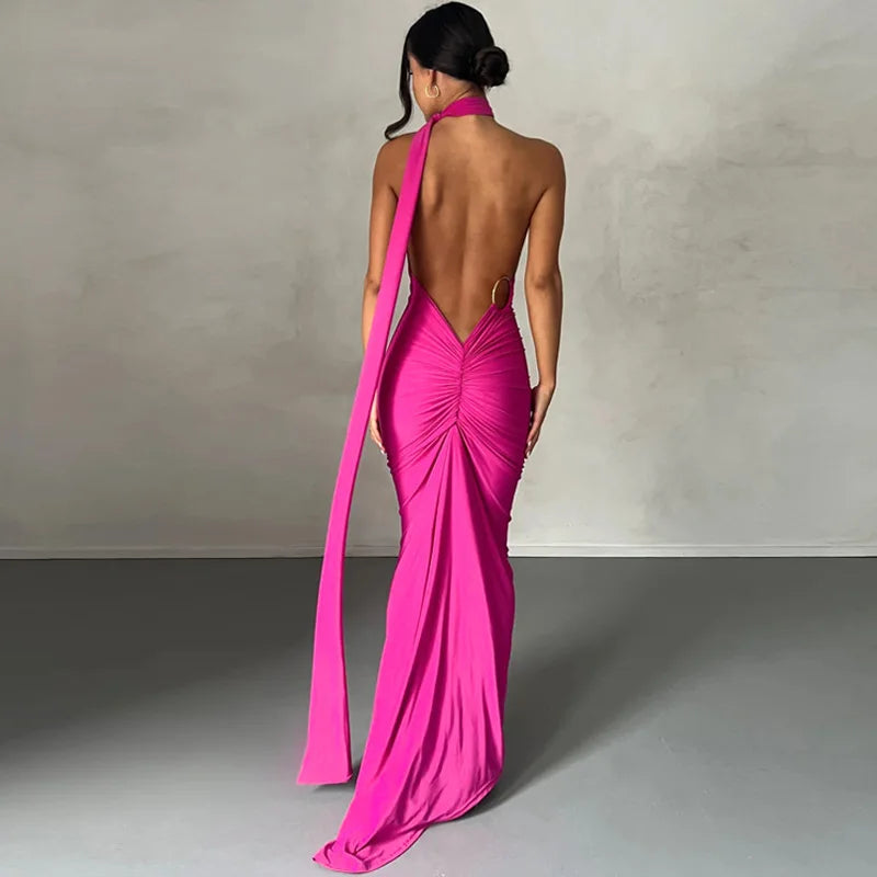 Ladies Summer Elegant Evening Party Dress For Women Sleeveless Backless Halter Sexy Long Dresses Woman Clothes Birthday Clubwear