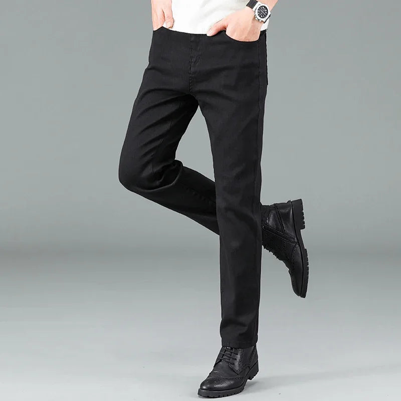 Men's Pure Black Slim Jeans Elastic Straight Pants Business Fashion Leisure Korean Vintage Skinny Small Feet Denim Pants Male