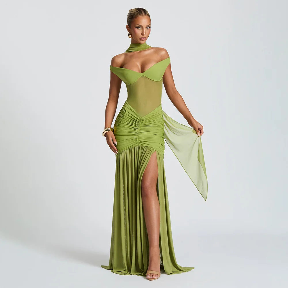 Ladies Summer Elegant Evening Party Dress Women Sleeveless Backless Side Slit Mesh Long Dresses Woman Clothes Birthday Clubwear