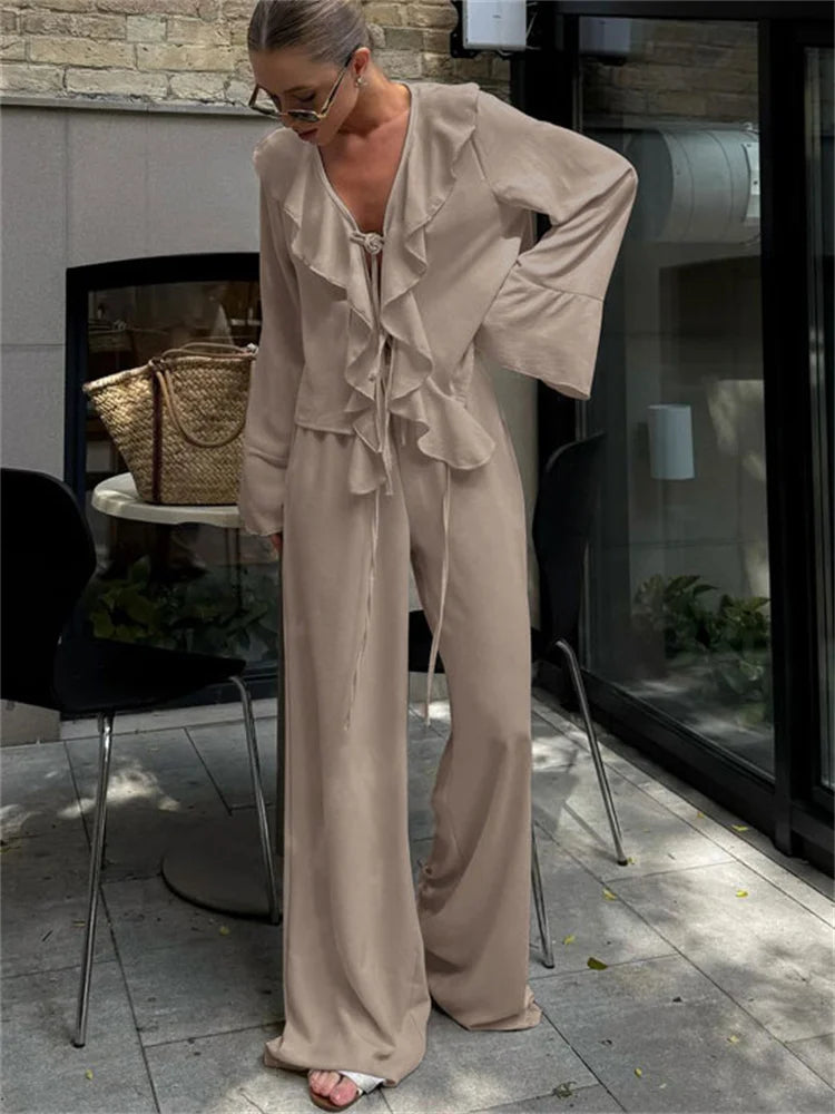 Tossy Ruffled Lace-Up 2 Piece-Set Women's Pants Hollow Out Loose Shirts And High Waist Straight Trousers Outfits Female Sets New