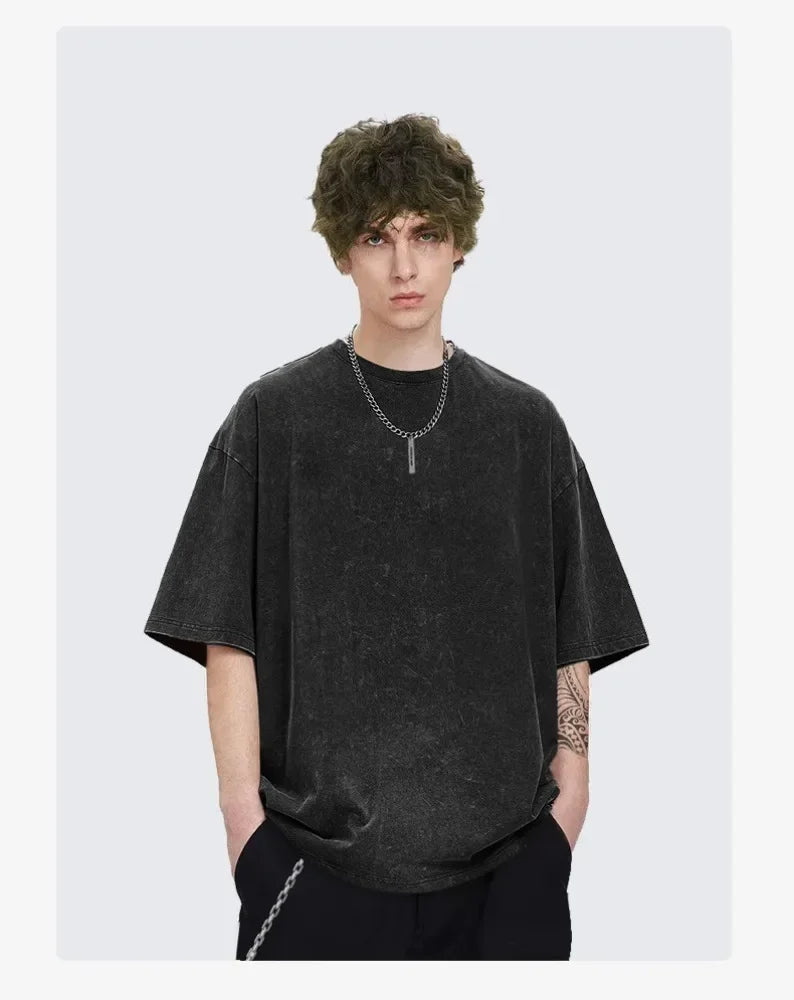 2025 retro old heavy cotton solid color Ac Power Up Dc 2025 music short-sleeved summer loose top tide washed T-shirt