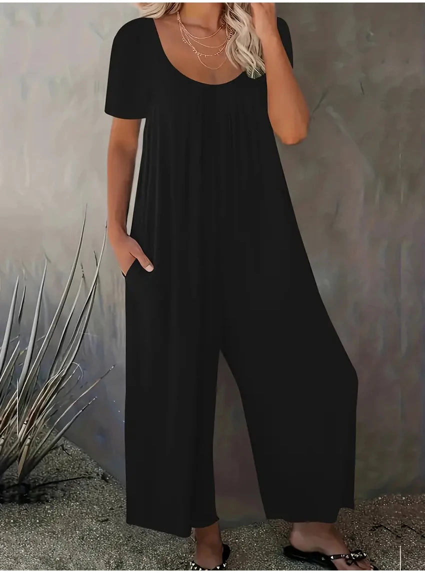 Plus Size 0XL-5XL Summer Rompers Overalls Women's Solid Color Jumpsuit with Pockets Casual Fashion Short Sleeve Jumpsuits