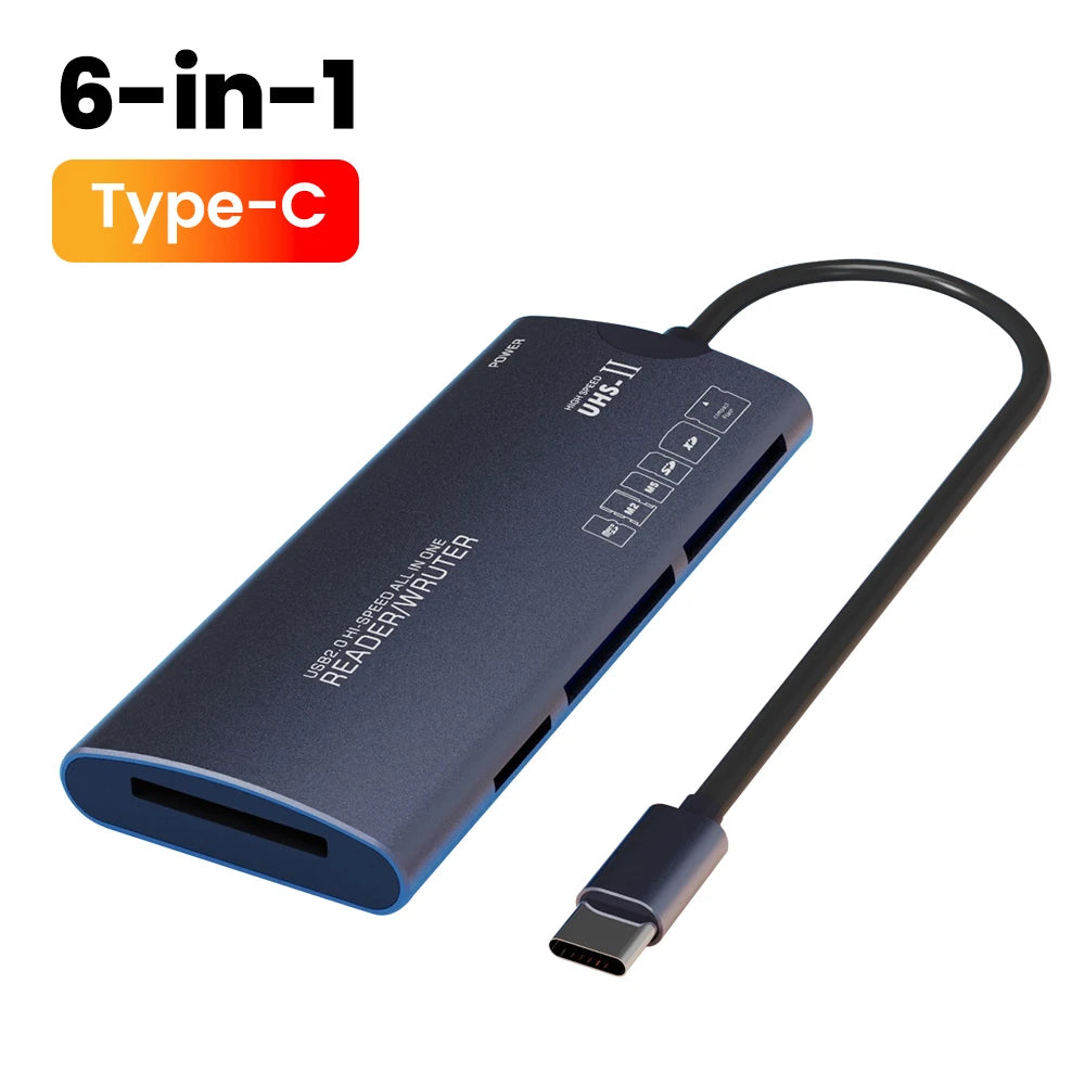 Elough 6 in 1 Card Reader SD TF XD CF M2 Memory Card Readers USB Adapter Type C High Speed Data Transfer Cardreader For Laptop