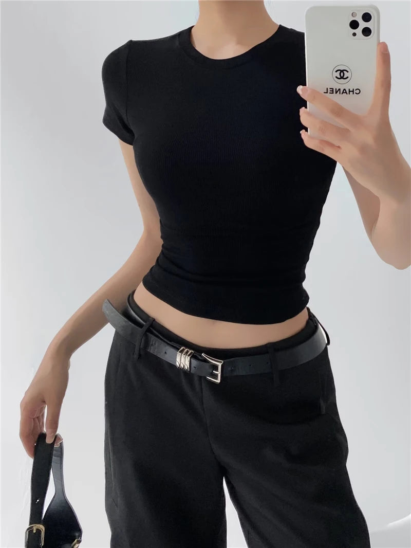 LUNDUNSHIJIA 2024 Summer Sexy Women Basic O-neck Short Sleeve T-shirt Ladies Slim Elasticity Cotton Tee Tops 12 Colors