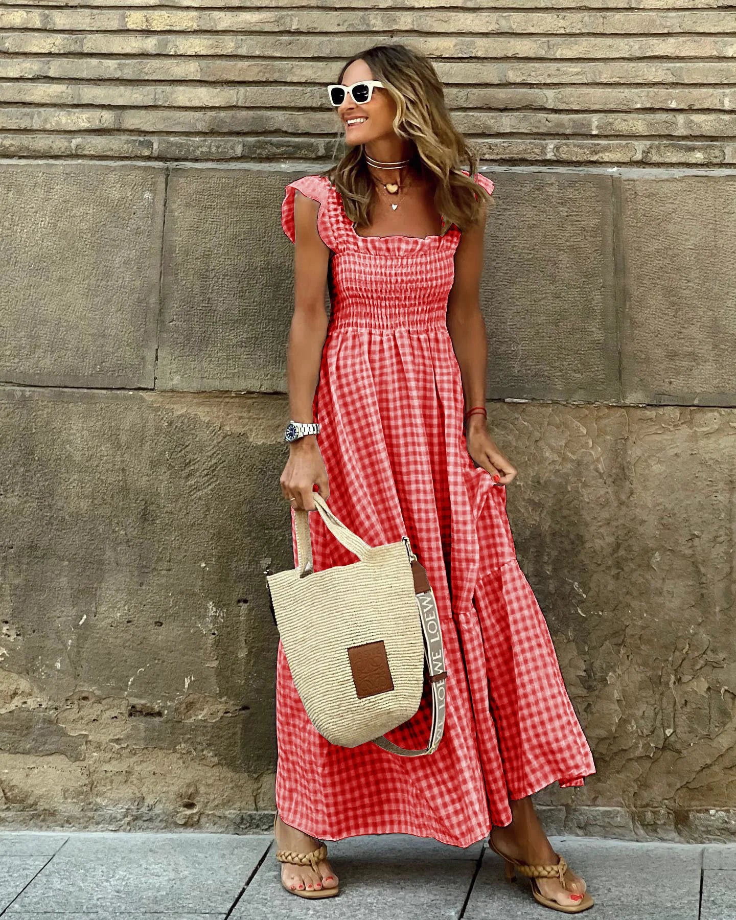 Elegant Plaid Slip Maxi Long Dress Summer Women Strapless Ruffle Backless Pleated Elastic Waist Boho Party Swing Loose Dresses
