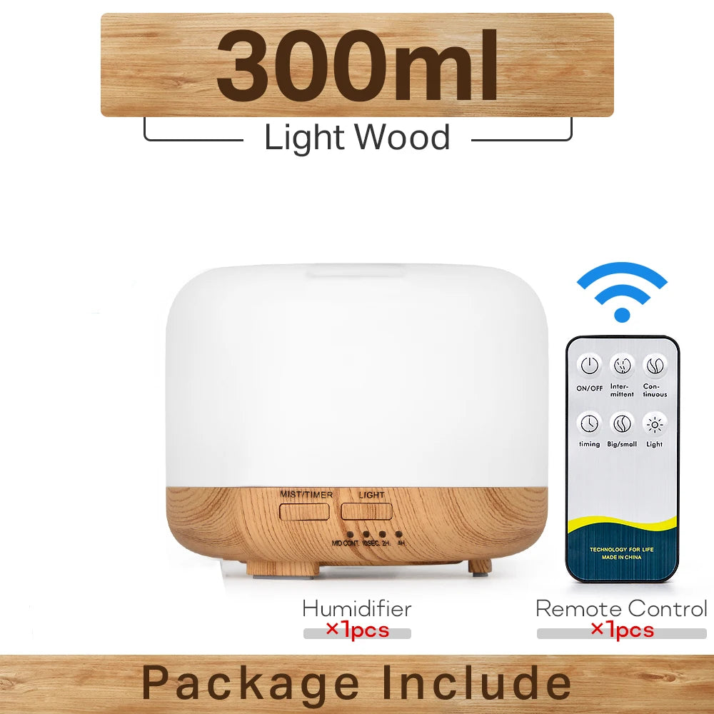 300 500ML Air Humidifier With Remote Control Colorful Non-printed Ultrasound Aroma Diffuser Pure White Dark Light Wood Grain
