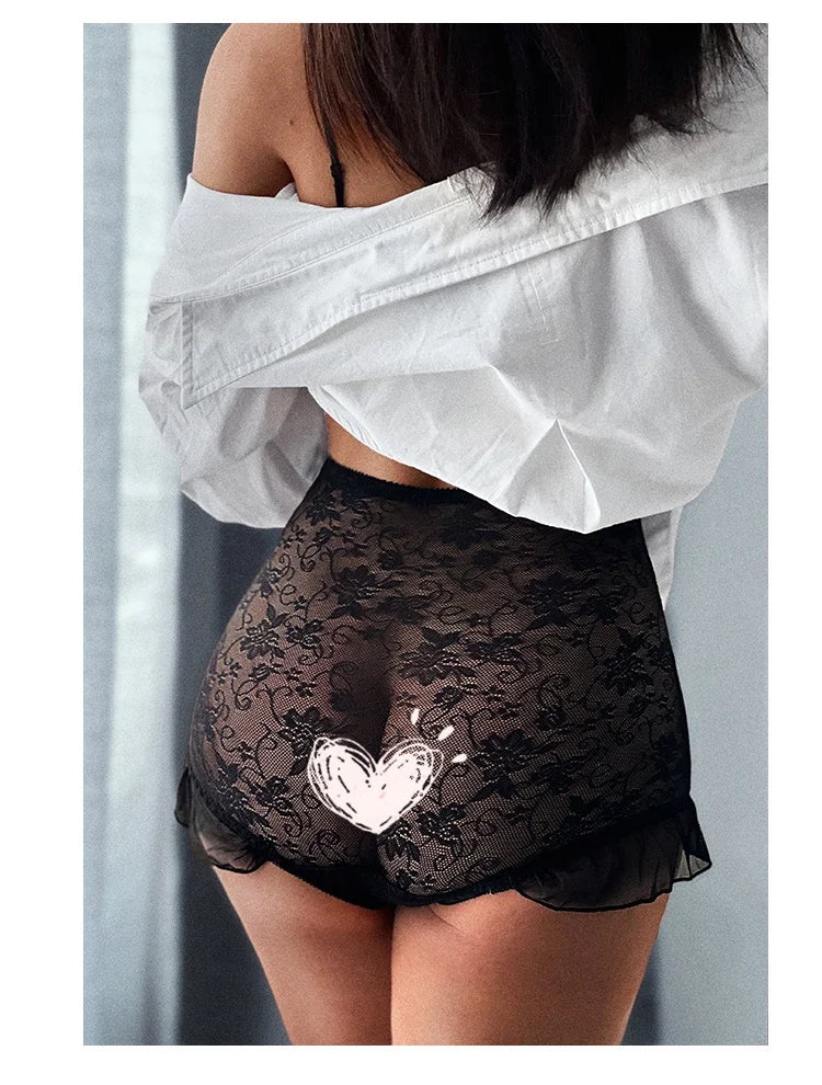 SP&CITY High Waist Flower Embroidery Sexy Lace Women's Underwear Transparent Shorts Mesh Hollowed Panties Ruffle Seamless Briefs