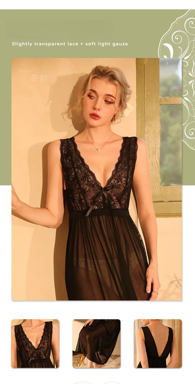 2025 Sheer Mesh Chemise Nightgown Adjustable Straps Full Length Lingerie Set Comfort Stretch Women Sleepwear Night Dress Woman