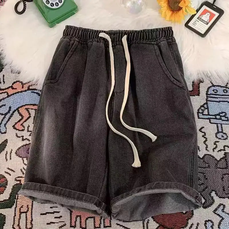 2025 new Fashion Streetwear Men's Denim Shorts Summer Loose Vintage Harajuku Splicing Hip-hop Cargo Moto Short Jeans Black Blue
