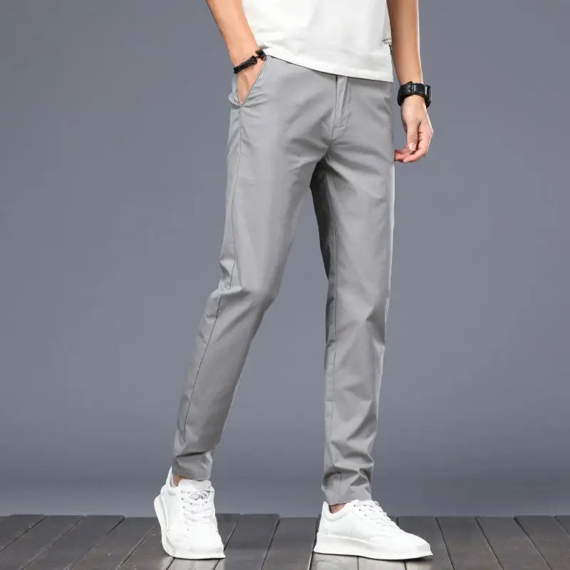 Men Ice Silk Casual Suit Pants Male Slim Fit Korean Style Blazer Pants Summer Thin Ankle Length Cropped Light Gray Trousers