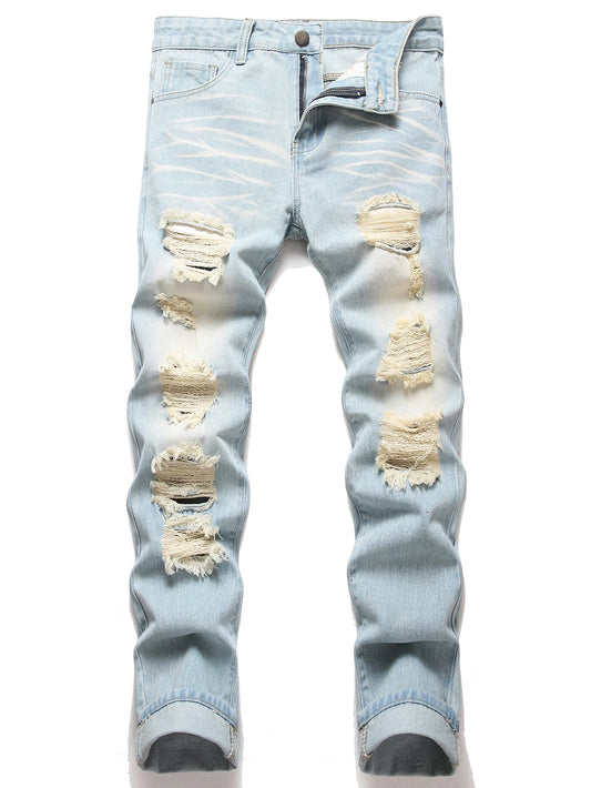 Men's Vintage Light Blue Jeans Straight Loose Fit Distressed Cat Whisker Denim Pants Casual Streetwear High Quality Stretch 28-4