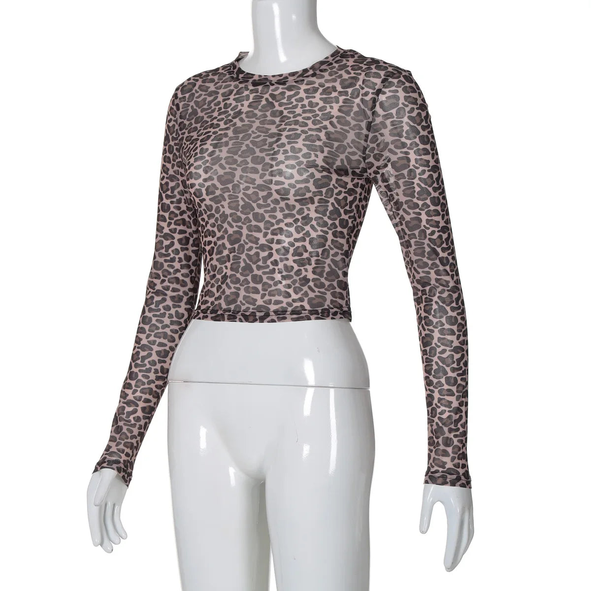 Ladies summer Leopard Print Clubwear Y2K Clothes Women Long Sleeve O-Neck Mesh See Through Slim T Shirt Holiday Streetwear Tees