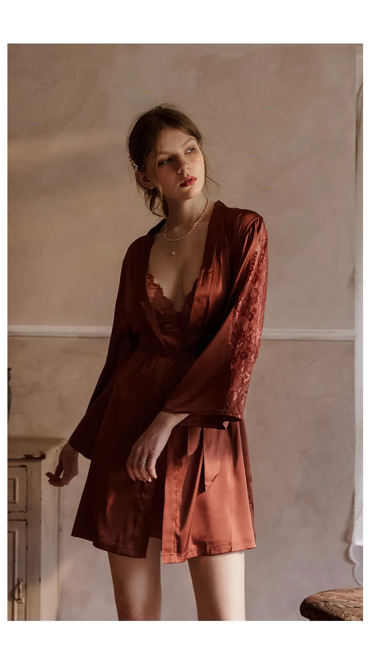 with Chest Pad Sleepwear Dress Backless Strap Nightgowns Lace Hot Temptation Vintage Nightgowns V-neck Nightwear Silk Homewear