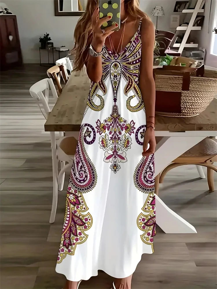 Summer Women's Fashion Vintage Print Maxi Dress Casual Elegant Sleeveless Halters Evening Dress Bohemian Style Women's Dress