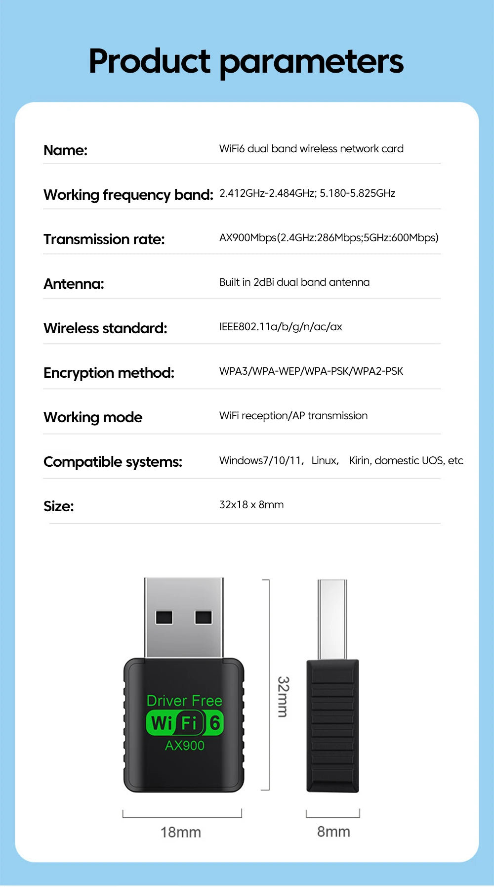 WiFi 6 AX900 Bluetooth 5.4 WiFi USB Adapter Wireless Network Card 2.4G&5GHz Wlan Receiver Signal Receiver For PC/Laptop Win10/11