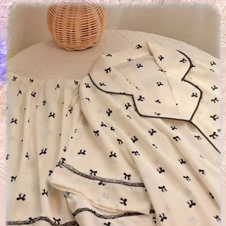 Sweet Cute Lace Flower Side Bow Print Women's Pajamas Simulated Silk Short Summer Cool Lady Lounges 2024 New Classy Y2k Homewear