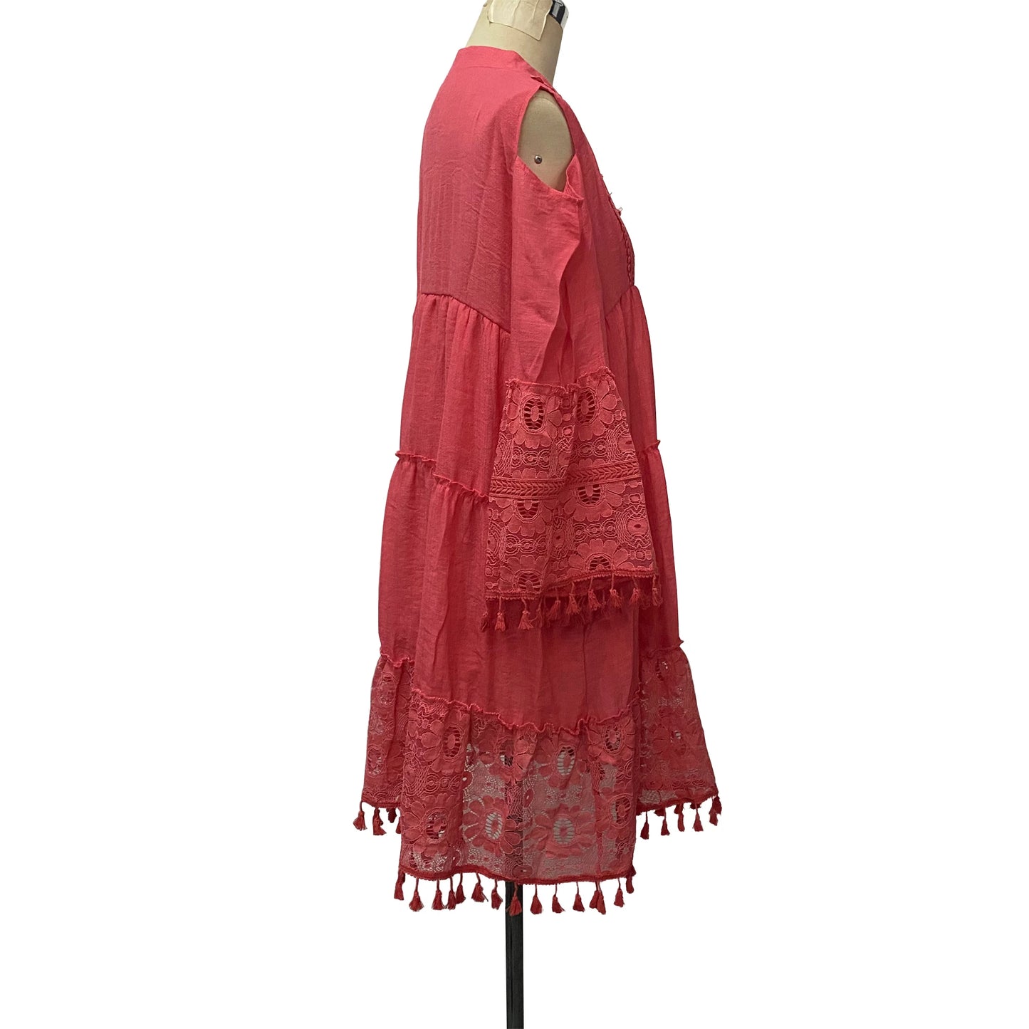 New Spring Embroidery Crochet Lace Boho Dress Women Elegant Off Shoulder Tassel Ruffle Mini Dress Summer V Neck Lady Beach Dress