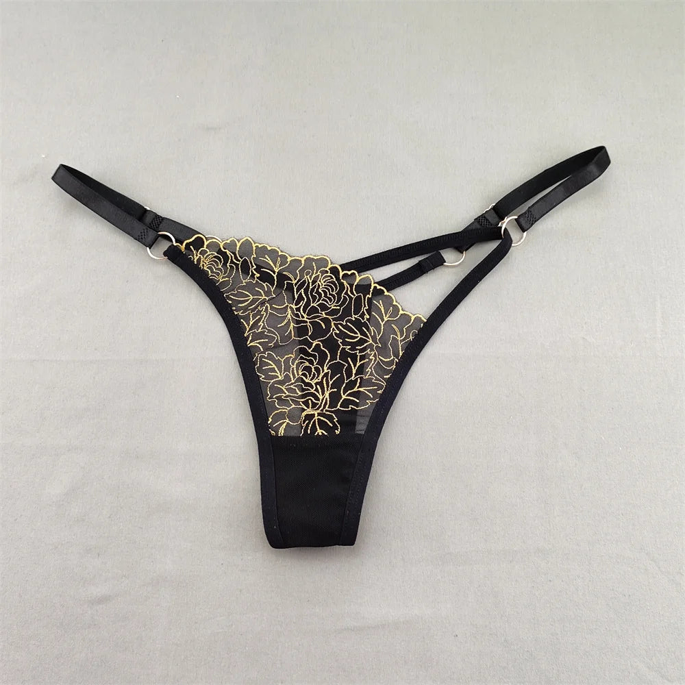 3pcs V-shaped Sexy Lace Floral Thong Women Hollow Out V-Strings Adjustable Belt Transparent Underwear
