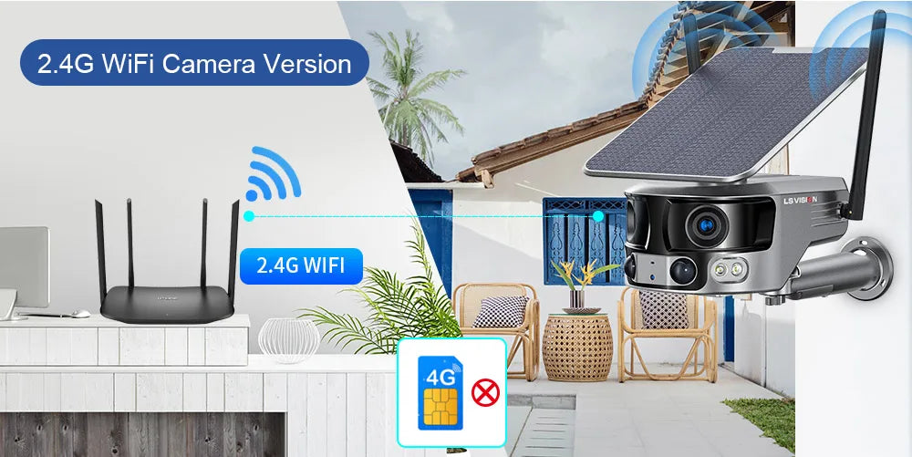 LS VISION 8MP 4G Solar Security Camera Outdoor WIFI 180° Ultra Wide View Angle 4X Zoom Dual Lens PIR Human Detection CCTV Camera