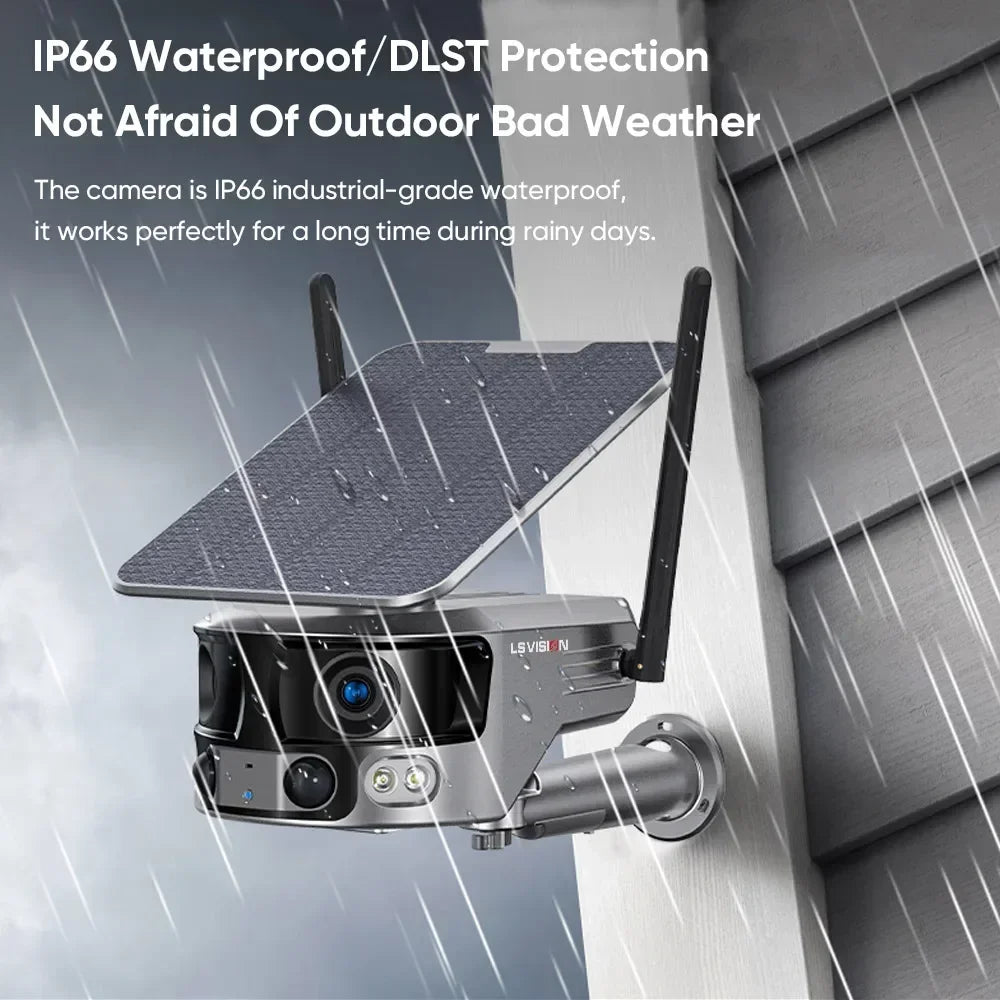 LS VISION 8MP 4G Solar Security Camera Outdoor WIFI 180° Ultra Wide View Angle 4X Zoom Dual Lens PIR Human Detection CCTV Camera