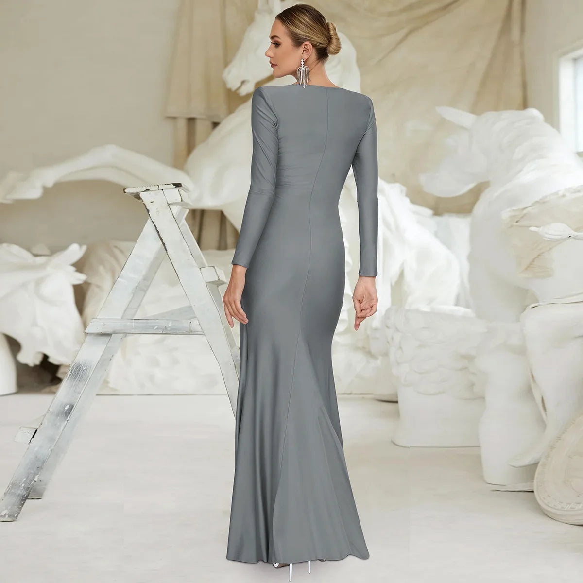 Ladies Elegant Evening Party Dress Women Long Sleeve O-Neck Ruched Fashion Long Dresses Woman Night Club Streetwear Fall Outfit