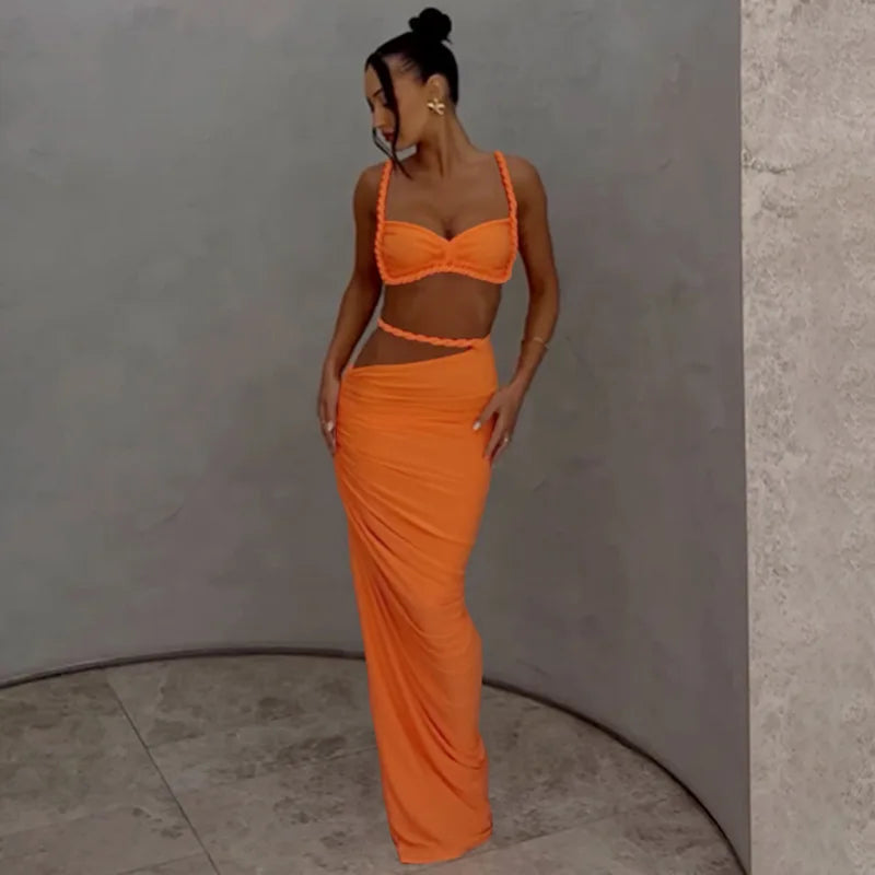 Ladies Summer Party 2 Piece Skirt Set Women Sleeveless Backless Crop Top Long Skirts Matching Sets Club Streetwear Woman Clothes