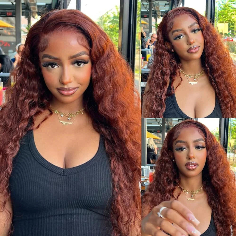 Reddish Brown Deep Wave Lace Front Human Hair Wig 32 40 Inch Colored Hd Lace Frontal Wig For Women 13x6 Water Curly Wigs 5x5 4x4