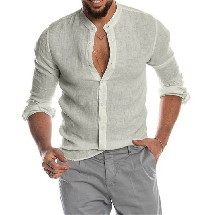 2023 New Men's Solid Color Linen Long Sleeve Shirt Stand Collar Cardigan Long Sleeve Loose Men's Shirt
