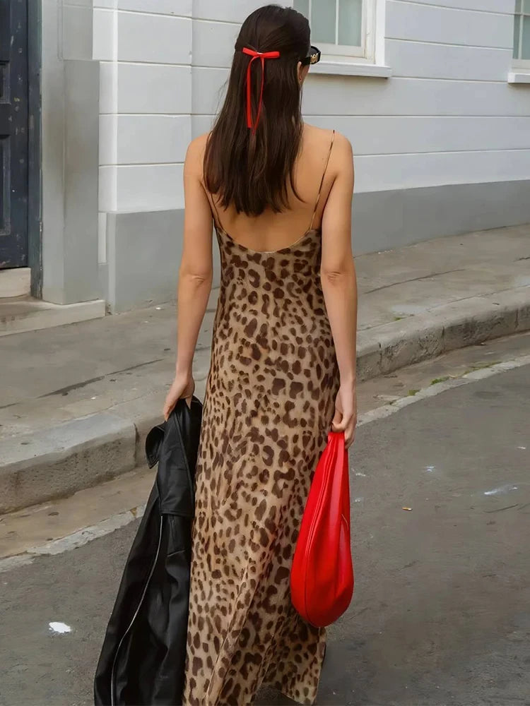 Mooyufon Leopard Print Dress Woman Summer Sexy Swing Collar Spaghetti Straps Backless Ruffles Party Clubwear Skinny Vestidos