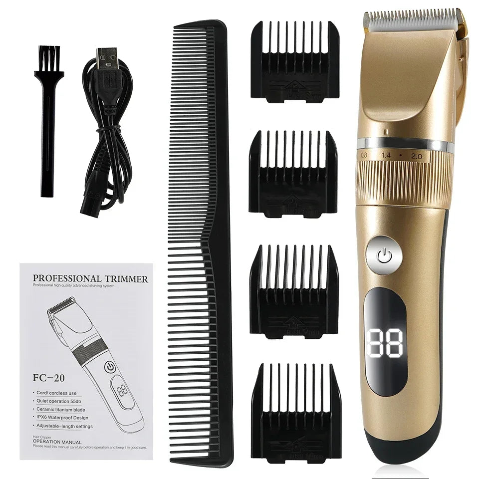Professional Hair Clipper Electric Men's Trimmer Rechargeable Hair Cutting Machine LCD Display Head Trimmer 2 Gears