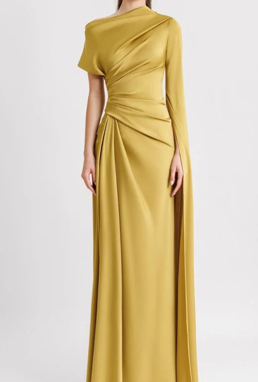 Women's Dress Solid Color Slanted Collar Raglan Sleeves Pleated Waist Long Skirt Temperament Commuting Retro Elegance Long Dress