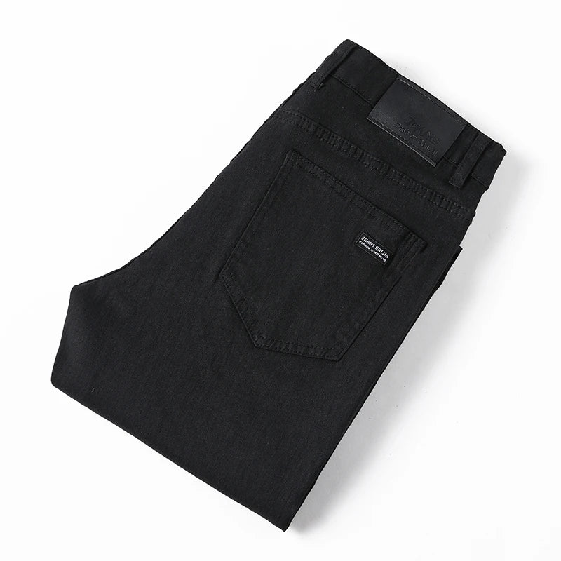 Men's Pure Black Slim Jeans Elastic Straight Pants Business Fashion Leisure Korean Vintage Skinny Small Feet Denim Pants Male