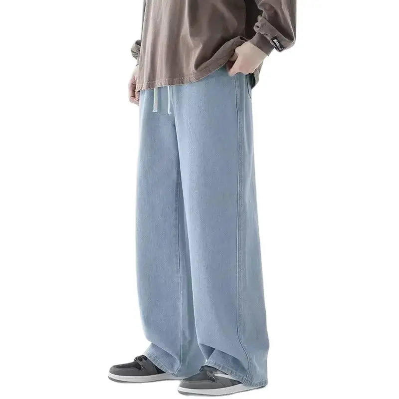 Korean Solid Colors Men's Casual Long Jeans Classic Man Four Seasons Straight Denim Wide-leg Pants Light Blue Grey Black S-3XL