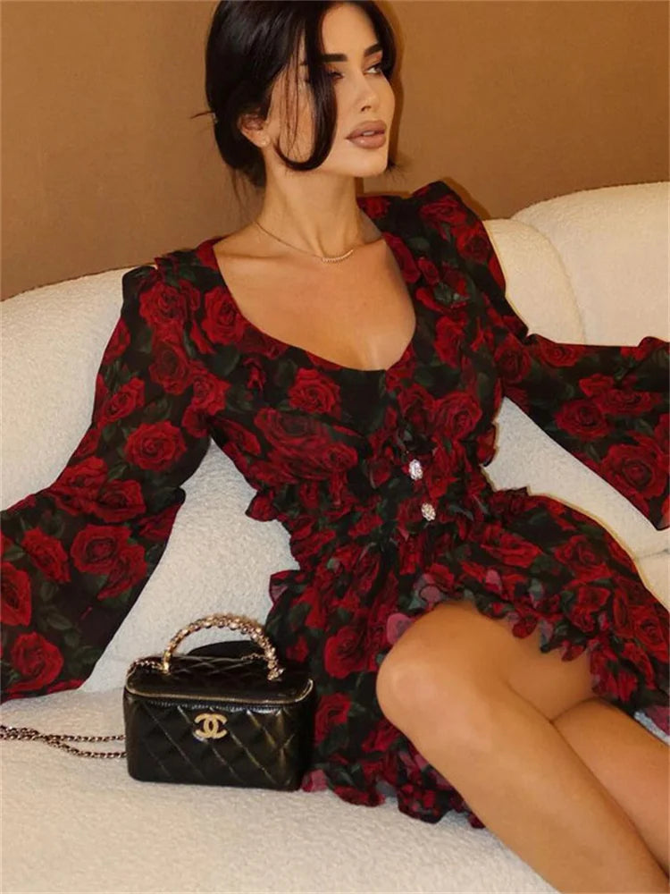 Tossy Printed V-Neck Patchwork Mini Dress Women Ruffled Long Sleeve High Waist Fashion Commute Party Dress Female Contrast Dress