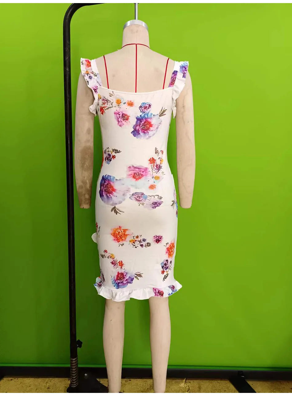 Summer Sexy Floral Bodycon Mini Dress Women 2024 Fashion Sleeveless Bandage Tunics Party Dresses Casual Red Ruffles Sundress