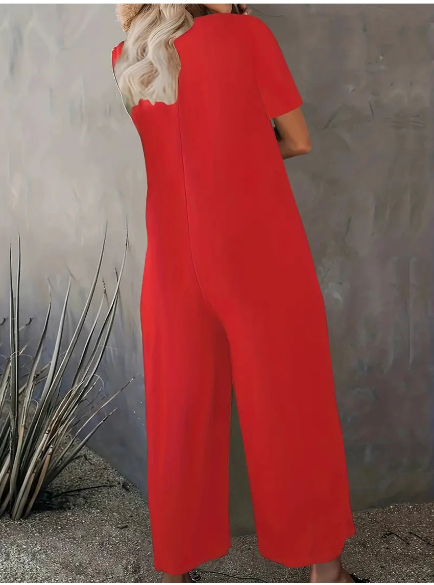 Plus Size 0XL-5XL Summer Rompers Overalls Women's Solid Color Jumpsuit with Pockets Casual Fashion Short Sleeve Jumpsuits