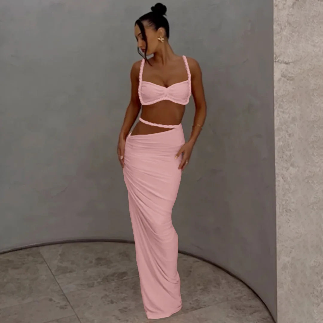 Ladies Summer Party 2 Piece Skirt Set Women Sleeveless Backless Crop Top Long Skirts Matching Sets Club Streetwear Woman Clothes