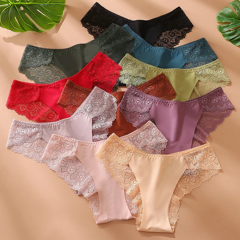 TrowBridge 3PCS/Set Sweet Women's Panties Silk Satin Underwear Lace Sexy Lingerie Girls Breathable Briefs Soft Comfortable Panty