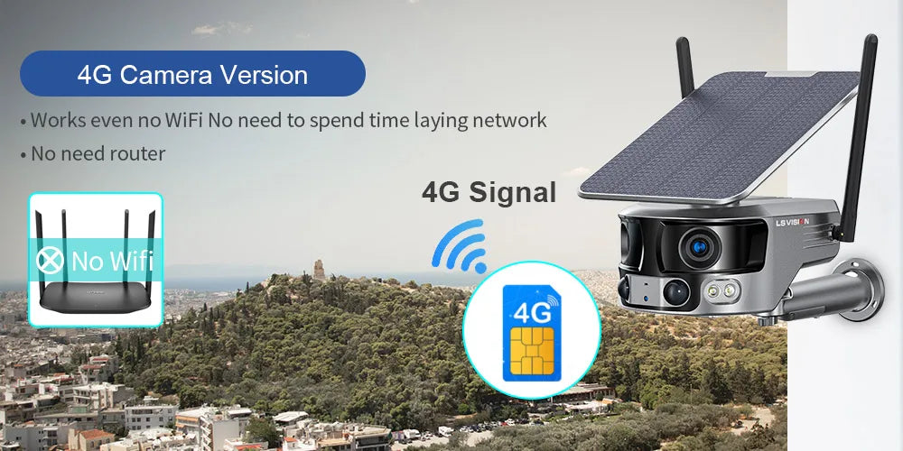 LS VISION 8MP 4G Solar Security Camera Outdoor WIFI 180° Ultra Wide View Angle 4X Zoom Dual Lens PIR Human Detection CCTV Camera