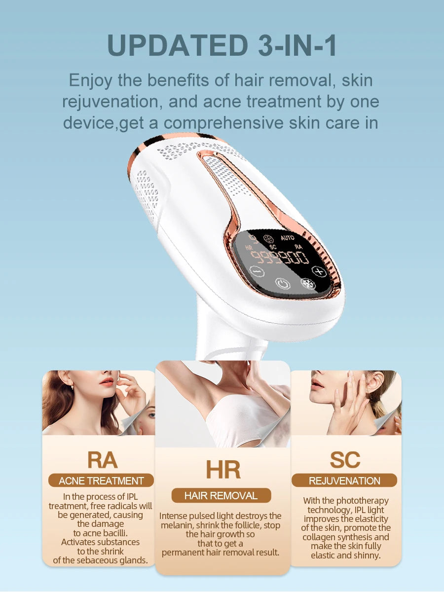 Upgraded Laser Hair Removal Cooling 3in1 At-Home Rejuvenation Acne Remove Painless Permanent Hair Remove for Women IPL Epilator
