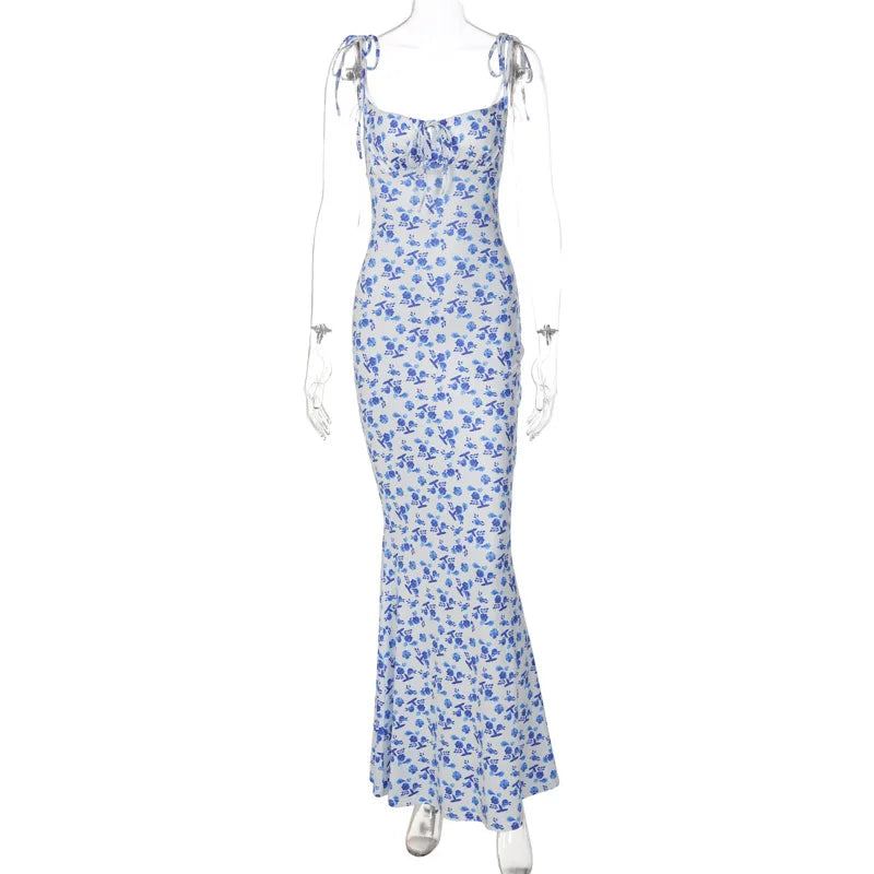 Ladies Summer Floral Print New Fashion Evening Party Dress Sleeveless Backless Sexy Long Dresses Woman Clothes Birthday Clubwear