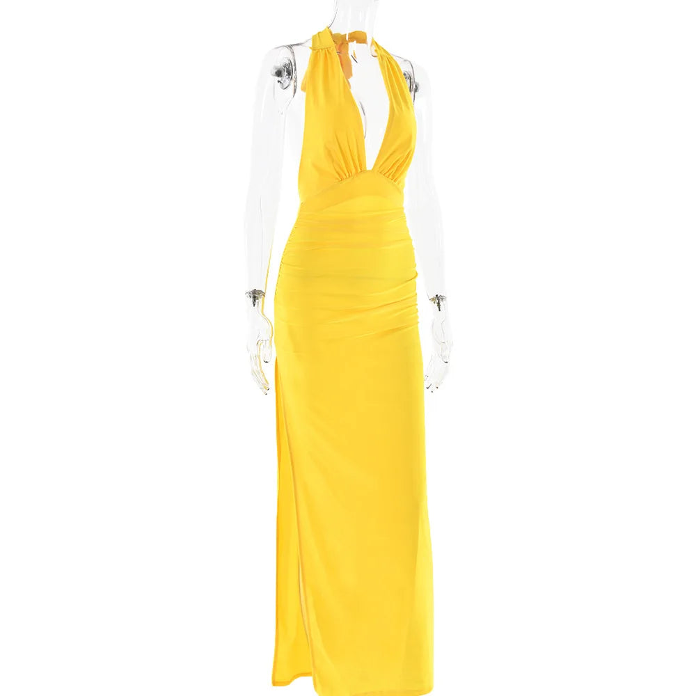 Ladies Summer Fashion Evening Party Dress Women Backless Deep V-Neck Halter Sexy Long Dresses Woman Clothes Birthday Clubwear