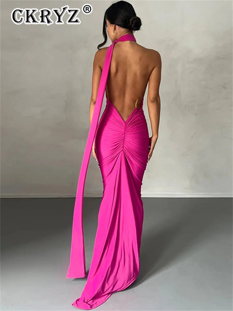Ladies Summer Elegant Evening Party Dress For Women Sleeveless Backless Halter Sexy Long Dresses Woman Clothes Birthday Clubwear