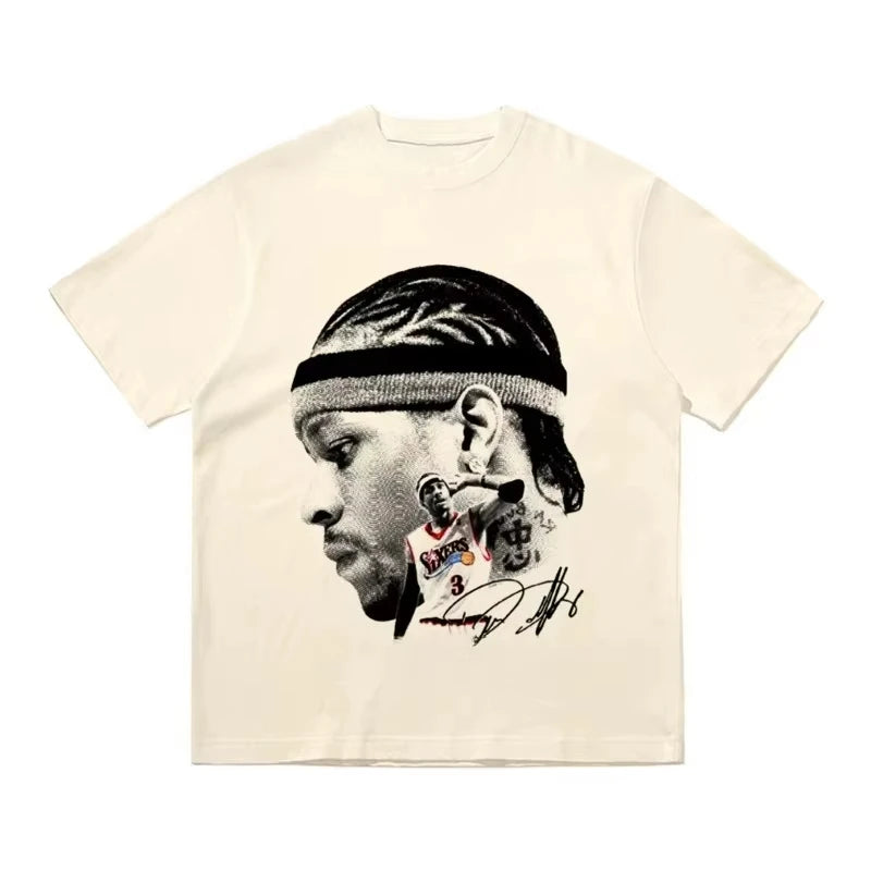 Iverson Big Head Printed Short-sleeved T-shirt American Basketball Star Sports Pure Cotton Casual Loose Women and Men Summer
