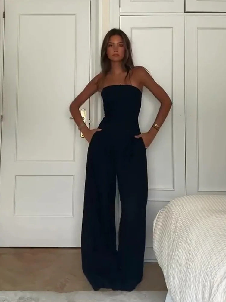 Sexy Backless Women's Jumpsuits Solid Off Shoulder Waist Cinching Pockets Wide Leg Pants Lady Bodysuit Summer Female Outwears