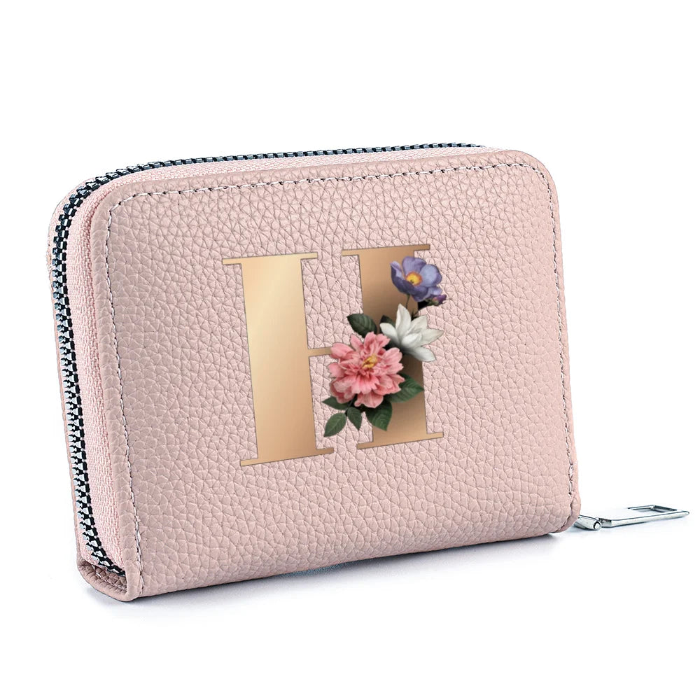 Fashionable Multi Functional 26-Letter Printed Pink Zipper Coin Purse And Credit Card Holder For Women