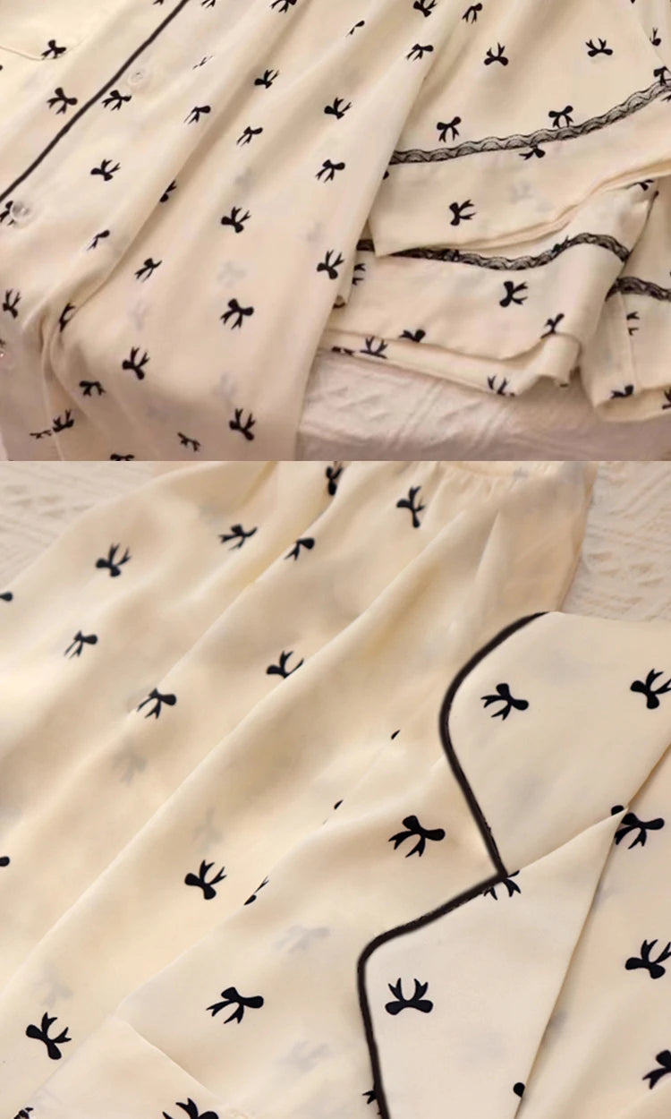 Sweet Cute Lace Flower Side Bow Print Women's Pajamas Simulated Silk Short Summer Cool Lady Lounges 2024 New Classy Y2k Homewear