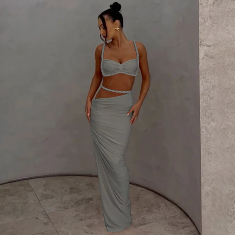 Ladies Summer Party 2 Piece Skirt Set Women Sleeveless Backless Crop Top Long Skirts Matching Sets Club Streetwear Woman Clothes