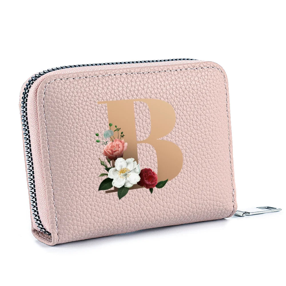 Fashionable Multi Functional 26-Letter Printed Pink Zipper Coin Purse And Credit Card Holder For Women